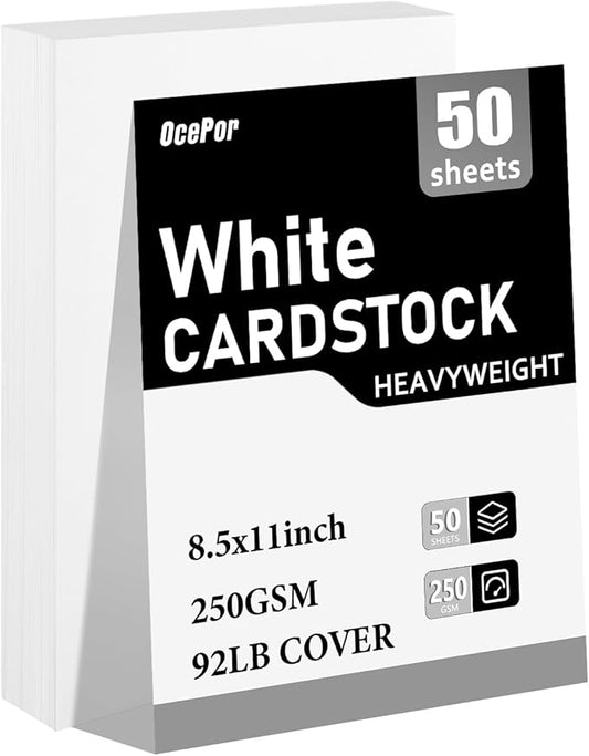 OcePor 50 Sheets White Cardstock 8.5 x 11, 92lb/250gsm Card Stock Paper, Thick Printer Cardboard Paper, Heavy Cardstock for Invitation, Resume, Certificate, Business Cards, Office-DeskLoop Office