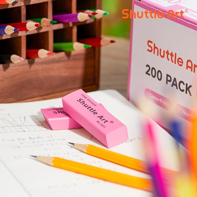 Shuttle Art Pink Erasers, 200 Pack Bulk for School, Office, Latex-Free Soft Erasers for Kids, Teachers as School Supplies-DeskLoop Office