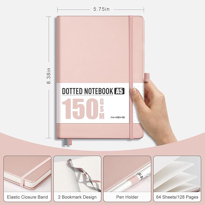 AHGXG Bullet Dotted Journal - 150 GSM Dot Grid Notebook Journal, Thick Acid-Free Paper, A5 Dotted Notebook 128 Pages, Leather Hardcover, Inner Pocket, Journal Stencil, 5.7'' × 8.3'' - Rose Gold-DeskLoop Office