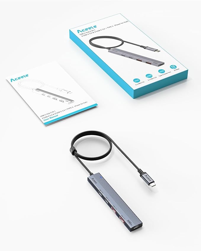 Aceele 10Gbps USB C Hub with 4 USB 3.2 Ports (2 USB A & 2 USB C), USB 3.2 Gen 2 3.3ft USB Cable Extender Hub with Type-C Power Port,Compatible for MacBook Pro 2021, iPad Pro 2021 and Other PC-DeskLoop Office