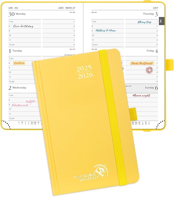 POPRUN Pocket Planner 2025-2026, (Purse Size 4''x 6.25'' Hard Cover) Academic Year Calendar Daily Weekly and Monthly (July 25-June 26) with Hourly Time Slots, 100 GSM Paper - Light Yellow-DeskLoop Office