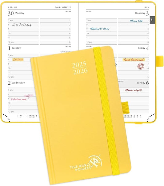 POPRUN Pocket Planner 2025-2026, (Purse Size 4''x 6.25'' Hard Cover) Academic Year Calendar Daily Weekly and Monthly (July 25-June 26) with Hourly Time Slots, 100 GSM Paper - Light Yellow-DeskLoop Office