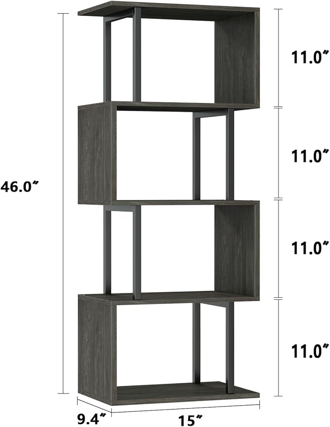 Furologee Geometric Bookshelf 5 Tier Bookcase, Industrial S-Shaped Display Storage Shelf for Small Space, Tall Metal Wood Decorative Standing Shelves for Bedroom, Living Room, Office, Black Oak-DeskLoop Office