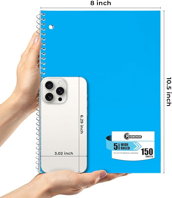 12 Pack Spiral Notebook, 5 Subject, 300 Pages/Book (150 Sheets), Wide Ruled, 8 x 10-1/2, Bulk Office Spiral Notebooks, Sturdy Spiral Journal, Notebooks for School, Soft Cover, Assorted Colors