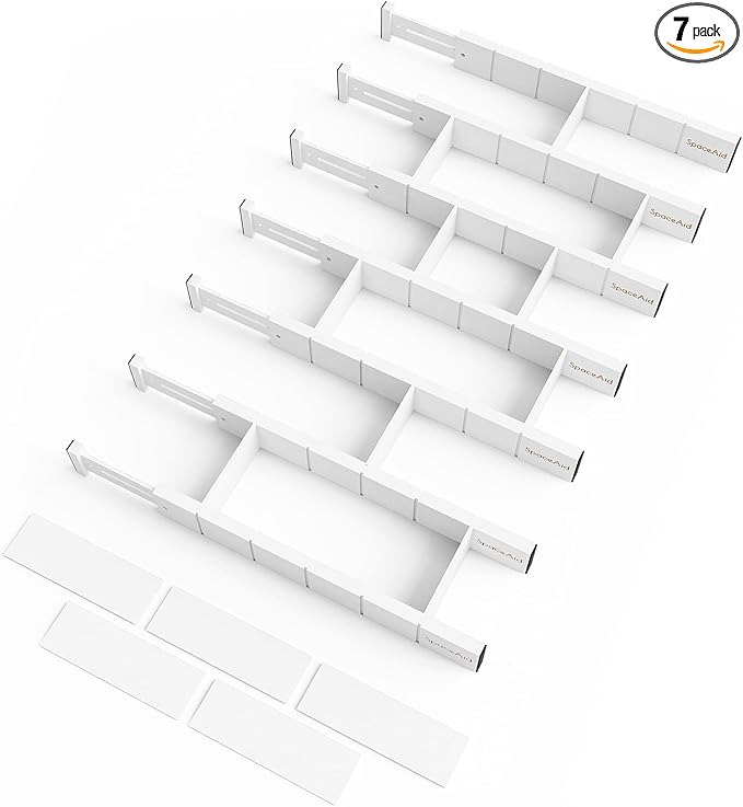 SpaceAid Bamboo Drawer Dividers with Inserts and Labels, Kitchen Adjustable Drawer Organizers, Expandable Organization for Home, Office, Dressers, 7 Dividers with 15 Inserts (17"-22" White)-DeskLoop Office