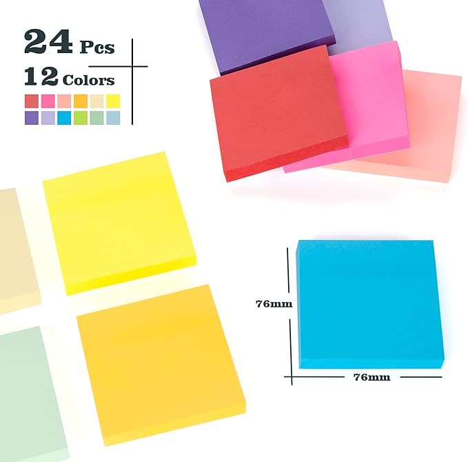24 Pack Sticky Notes - 3 x 3 Inch Large Memo Pads with 2X Sticking Power,12 Bright Colors Sticky Pads,100 Sheets/Pad - 2400 PCS Super Sticky & Repositionable for Office,Notebook,School,and Daily Use-DeskLoop Office