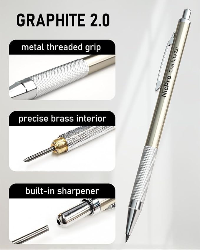 Nicpro 5 PCS Art Mechanical Pencils Set, Metal Drafting Pencil 0.3 & 0.5 & 0.7 & 0.9 & 2mm Graphite Lead Holder(4B 2B HB 2H Colored) for Sketching Drawing With Lead Refills Eraser Case-DeskLoop Office