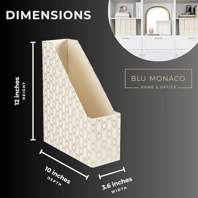 BLU MONACO Decorative Foldable Magazine Storage Boxes for Desk - Set of 4 Gold Magazine Holders with Cream Woven Design – Vintage Magazine File Organizer – Book Bins & Office Décor Storage Solution-DeskLoop Office