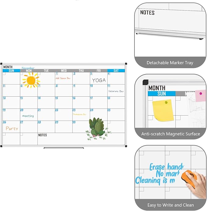 XBoard Magnetic Calendar Whiteboard 60" x 40" - Monthly Calendar Dry Erase Board, White Board + Colorful Calendar Board, Silver Aluminium Framed Monthly Planning Board-DeskLoop Office