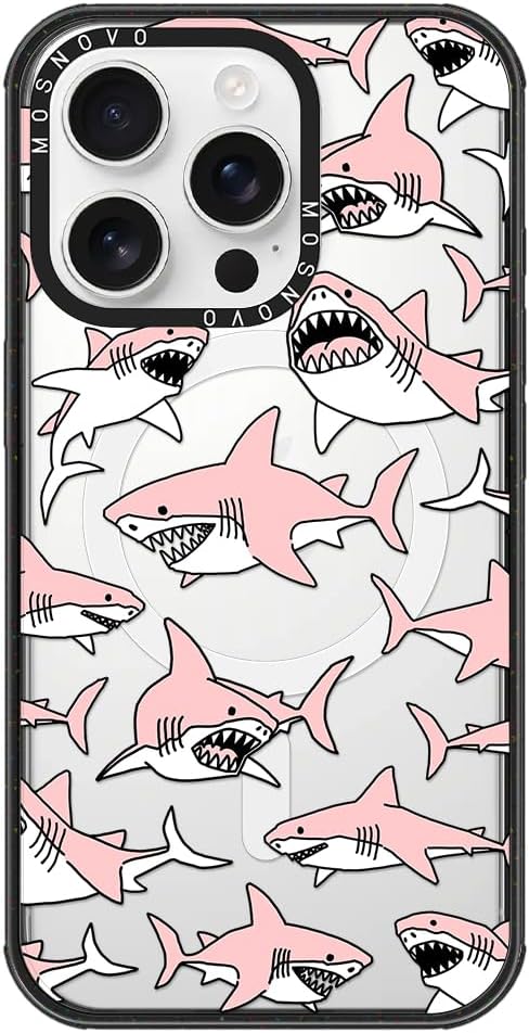 MOSNOVO Magnetic Case for iPhone 16 Pro, 10ft Military-Grade Protection, Compatible with Magsafe, Shockproof Phone Case for iPhone 16 Pro - Pink Sharks - Clear Black-DeskLoop Office