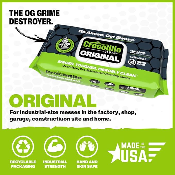Crocodile Cloth Original Cleaning Wipes – 50 (15” x 10”) Hand & Tool Industrial Cleaning Wipes – Large Multi-Surface Cleaning Cloths, Water-Based Solution with Extreme Cleaning Power — Safe on Skin-DeskLoop Office