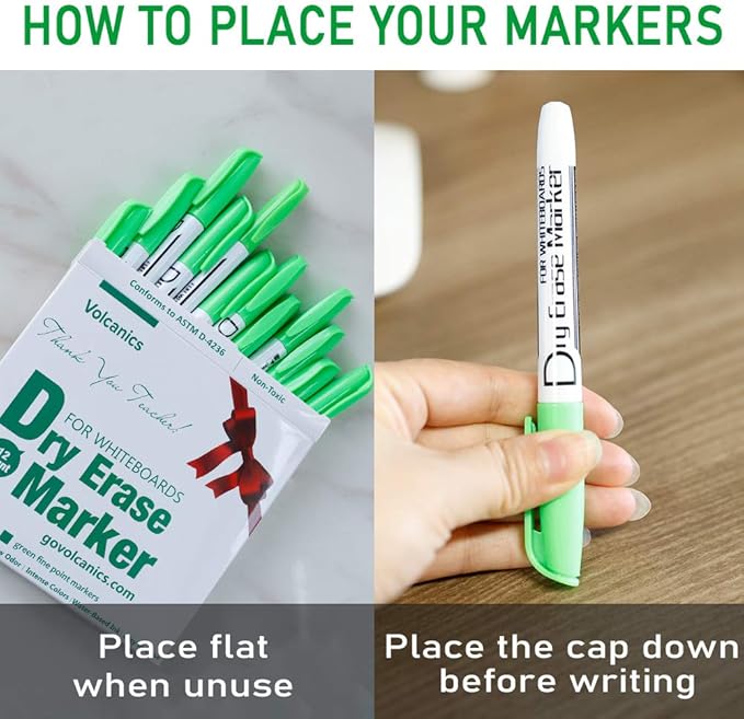 Volcanics Green Dry Erase Markers Low Odor Fine Whiteboard Markers Thin Box of - Image 6