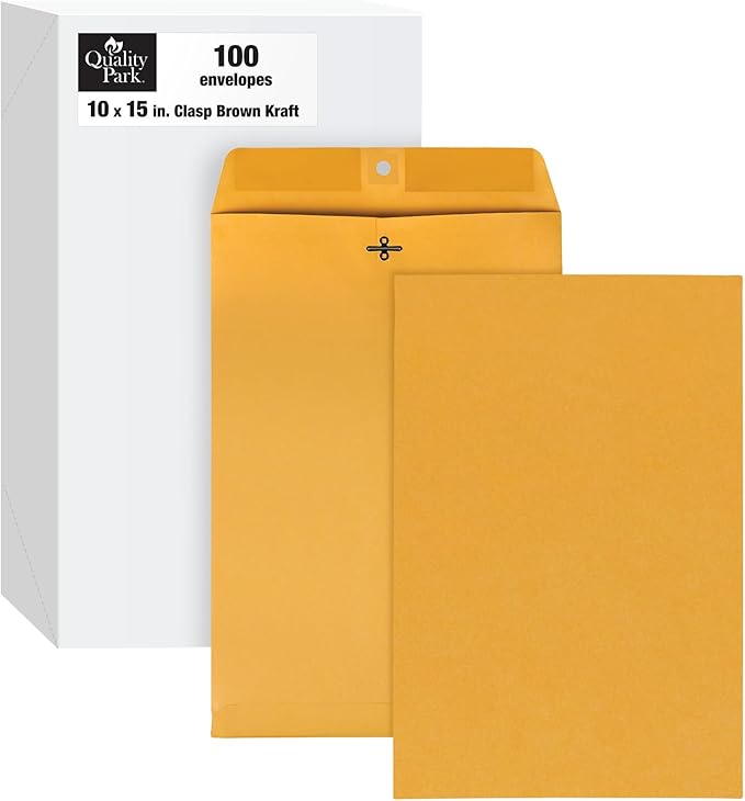 Quality Park 10 x 15 Clasp Envelopes, Clasp and Gummed Closures for Storing or Mailing, Heavy-Duty 32 lb Kraft Paper, 100 per Box (QUA37798)-DeskLoop Office
