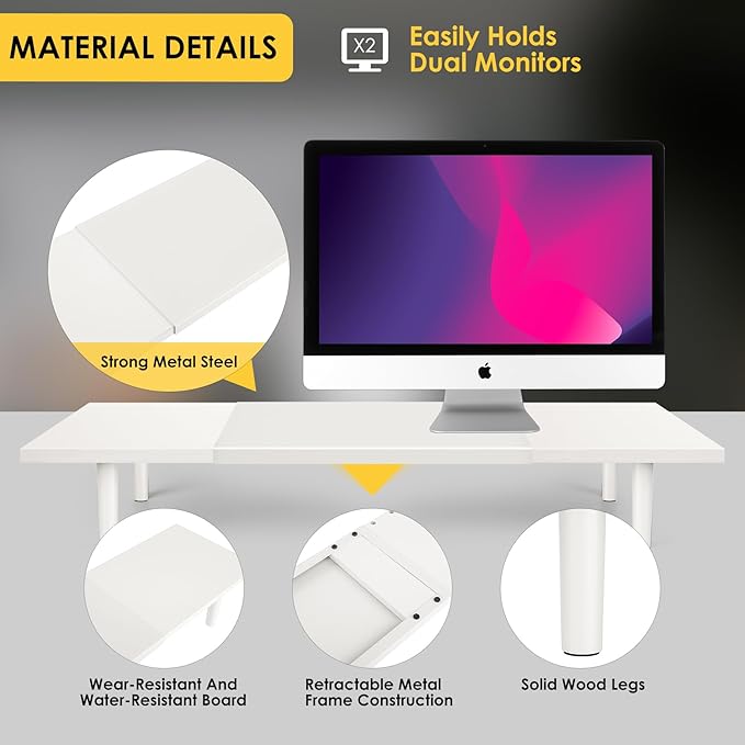 Dual-Monitor-Stand-Riser-For-Desk Adjustable Length 32-40 Inch,Large Desktop Computer Monitor Riser For 2 Screens,Desk Shelf Organizer Riser Stand For Computer/Laptop/PC/Printer/TV White-DeskLoop Office