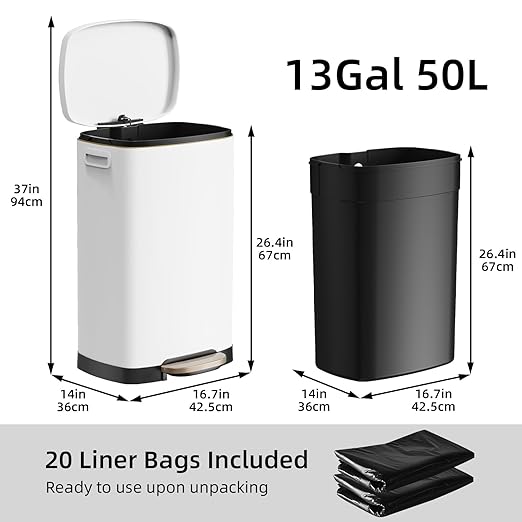 KUK 13 Gallon Kitchen Trash Can with Lid, 50L/13Gal Office Step Garbage Can for Home, Kitchen, Laundry Room, Office, Brushed Stainless Steel, White-DeskLoop Office