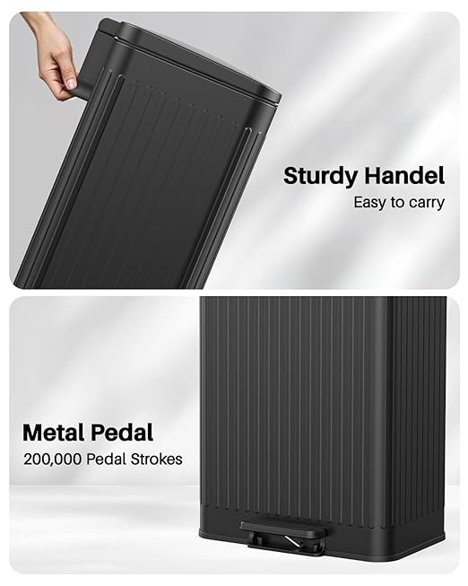 Lovewind 60 Liter/ 16 Gallon Stainless Steel Trash Can with Soft-Close Lid, Large Footstep Garbage Can with Roman Texture, Removable Inner Buckets, Recycling Bin for Kitchen Office, Black-DeskLoop Office