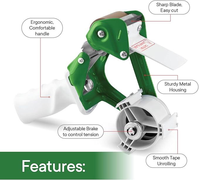 Heavy Duty Metal Frame Tape Gun - 3" Core with Special Ergonomic Handle - Packing Tape Dispenser with Premium Tempered Steel Blade for 2" Tape Rolls-DeskLoop Office