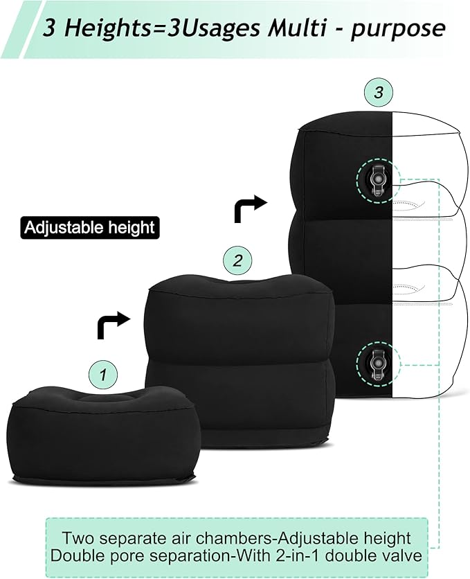 JefDiee Inflatable Travel Foot Rest Pillow, Kids Airplane Bed, Adjustable 3 Layers Height Leg Rest Pillow, Adults Travel Essentials Great for Airplane, Office, Home, Trains, Cars (Black)-DeskLoop Office