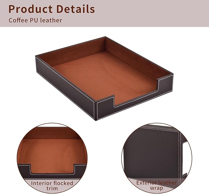 PU Leather 1-Layer Stackable Office File Document Tray Case Rack Paper Letter Tray Desk File Document Organizer Holder (Coffee)-DeskLoop Office