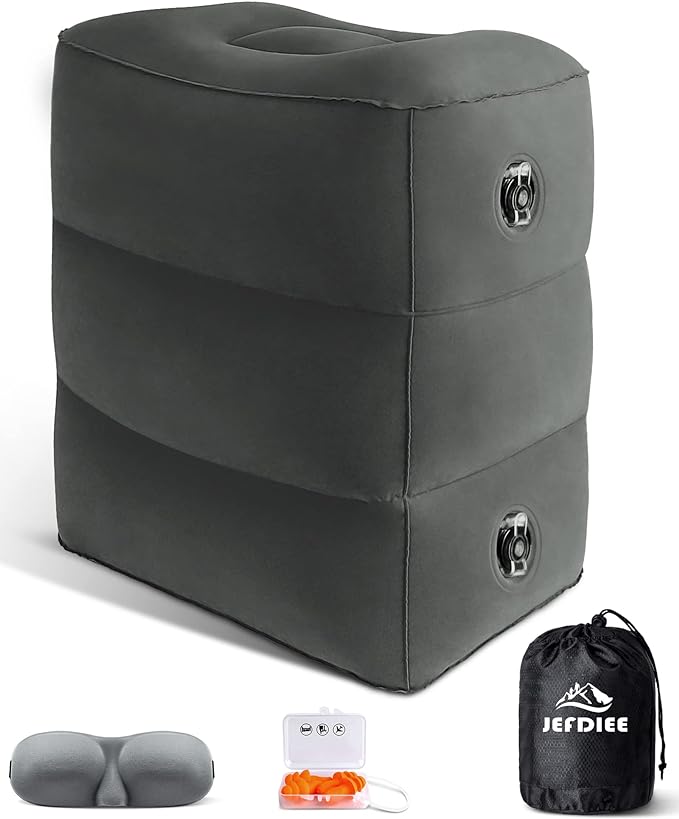 JefDiee Inflatable Travel Foot Rest Pillow, Kids Airplane Bed, Adjustable 3 Layers Height Leg Rest Pillow, Adults Travel Essentials Great for Airplane, Office, Home, Trains, Cars (Dark Grey)-DeskLoop Office