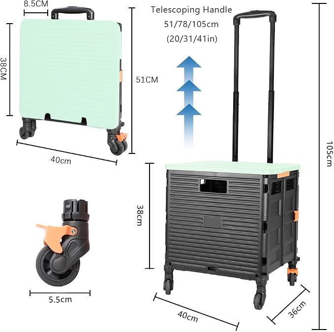FELICON SELORSS Foldable Utility Cart Folding Portable Rolling Crate-Green | - Image 7