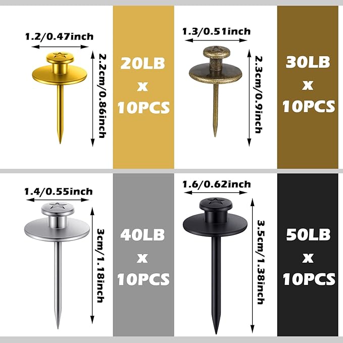 Zhengmy 40 Pcs Double Headed Picture Hangers Nails 4 Size Long Thumb Tacks Wall Nails for Hanging Pictures Decorative Push Pins Hooks for Drywall Photo Office Home Decor, 20/30/ 40/ 50lb(Mixed Colors)-DeskLoop Office