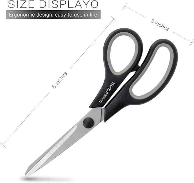 Scissors 8" Multipurpose Titanium Coated Sturdy Sharp Scissors Right/Left Handed Comfort-Grip Handles for Office Home School Sewing Fabric Craft Supplies Black-DeskLoop Office