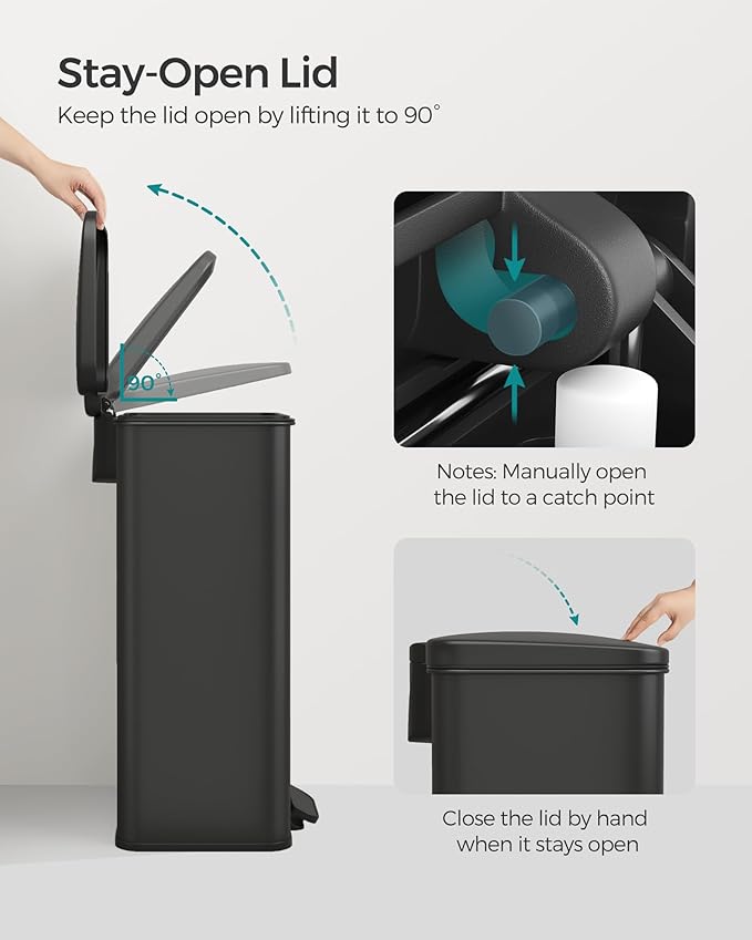 SONGMICS Kitchen Trash Can, 10.5 Gallon (40 L) Garbage Can, Large Step Trash Bin with Lid, Stainless Steel, Soft Close, 15 Trash Bags Included, Black ULTB540B40-DeskLoop Office