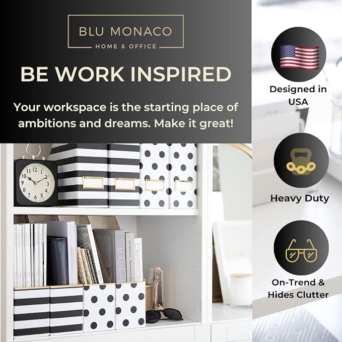 BLU MONACO Set of 4 Stylish Magazine File Boxes - 2 Black and White Stripes and 2 Polka Dots - Office Organization and Storage, Paper Organizer for Desk - Workspace and Classroom Organization-DeskLoop Office