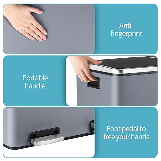 16 Gallon Rectangular Stainless Steel Trash Can, Dual Compartment Garbage Bin with Recycling Combo, Metal Dustbin Lid, Removable Liner, Indoor Hands Free Waste Bucket for Kitchen Home-DeskLoop Office