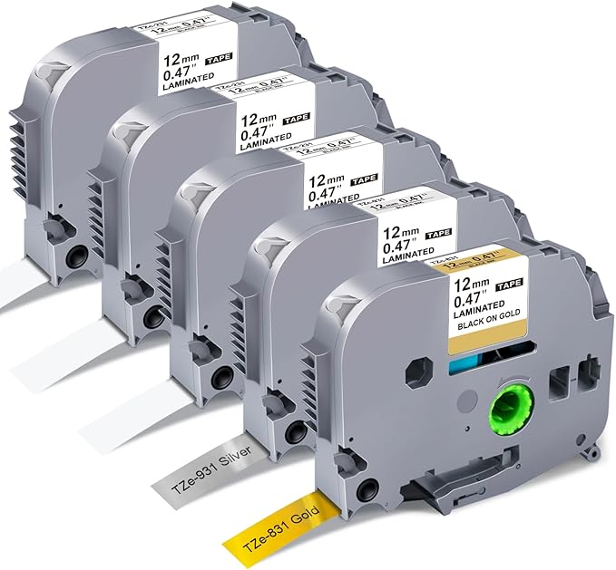 5-Pack Label Maker Tape 12mm 0.47 Inch Laminated White/Gold/Silver Muti-Color Replace for Brother TZe TZ Tape TZe-231 TZe-831 TZe-931 Compatible with Brother P-Touch PT- D210 D220 H110 D400AD-DeskLoop Office