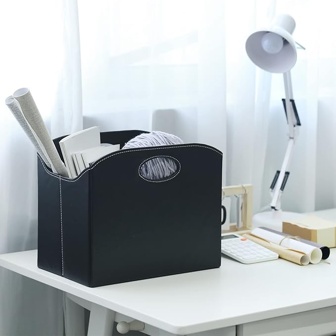 EZDeco Magazine Holder Foldable Magazine Rack Floor PU Leather File Holder Newspaper Book Storage Basket Document File Folder Organizer for Office Home-DeskLoop Office