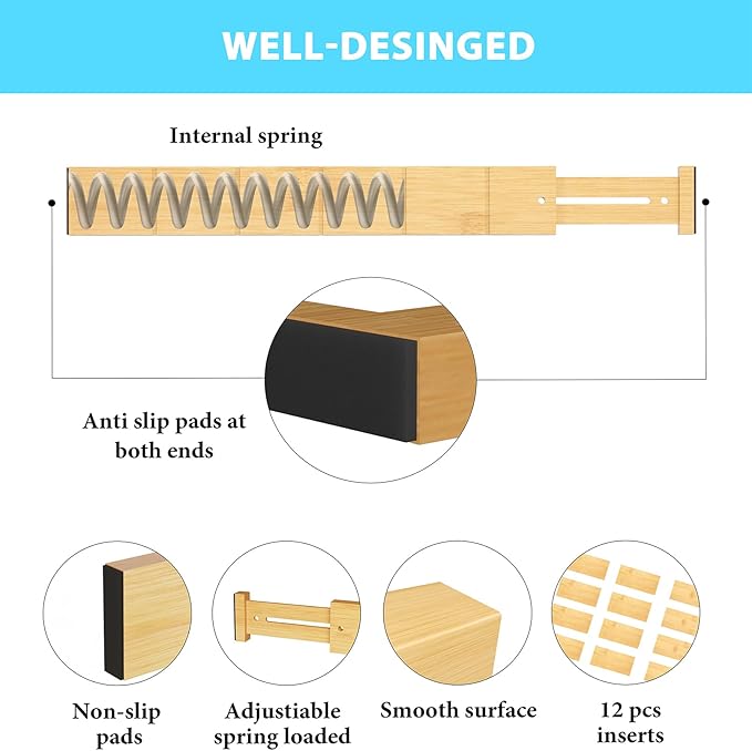 6 Pack Bamboo Drawer Dividers with 12 Inserts, Expandable Adjustable Clothes Drawer Organizers and Storage from 17" to 22" for Kitchen, Bedroom, Dresser, Cosmetics (Natural)-DeskLoop Office