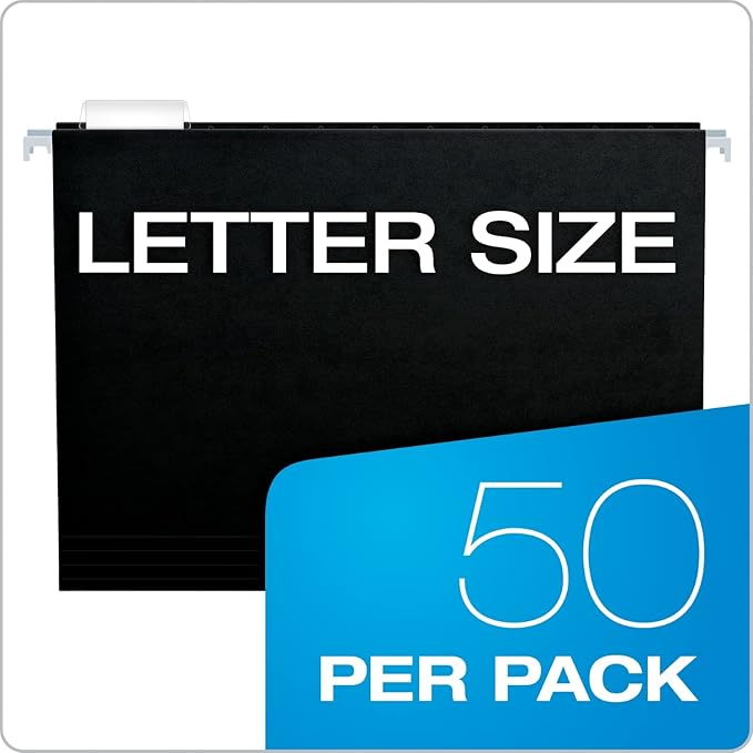 Pendaflex Black Hanging File Folders, 8.5 X 11 Letter Size with 1/5 Cut Adjustable Tabs - 50 Pack-DeskLoop Office