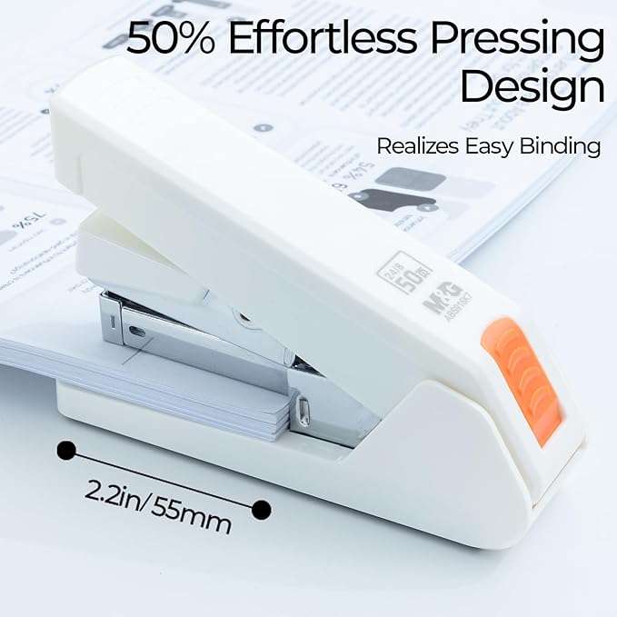 M&G Effortless Stapler 50 Sheet Capacity One-Touch Stapling, Heavy Duty Desktop Stapler Includes 1000 Staples and Remover, Portable Handheld Staplers for Home & Office (White)-DeskLoop Office