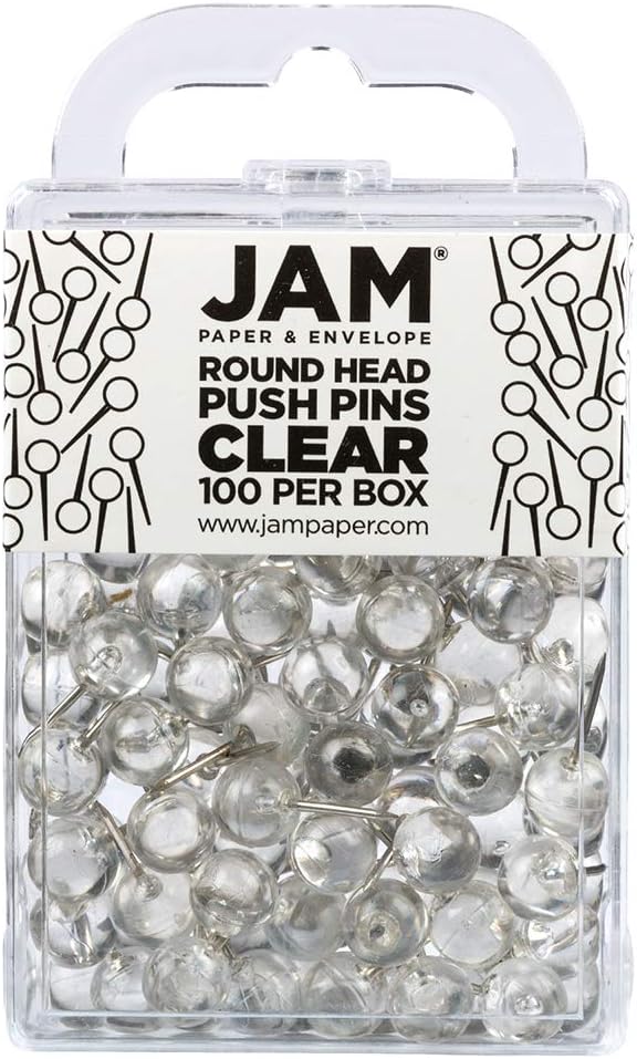 JAM PAPER Colorful Push Pins - Round Head Map Thumb Tacks - Clear Pushpins - 100/Pack-DeskLoop Office