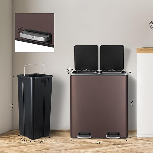 16 Gallon Rectangular Stainless Steel Trash Can, Dual Compartment Garbage Bin with Recycling Combo, Metal Dustbin Lid, Removable Liner, Indoor Hands Free Waste Bucket for Kitchen Home-DeskLoop Office