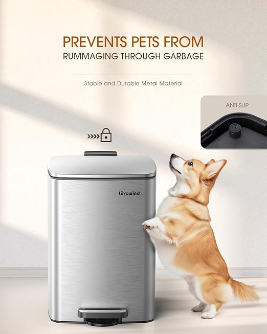 Lovewind Kitchen Trash Can with Lid, 5.2 Gallon/20 L Footstep Garbage Can for Kitchen Bedroom Home Office, 20 Liter Trash Bin Brushed Stainless Steel Waste Bin with Soft-Close Lid,Silver-DeskLoop Office