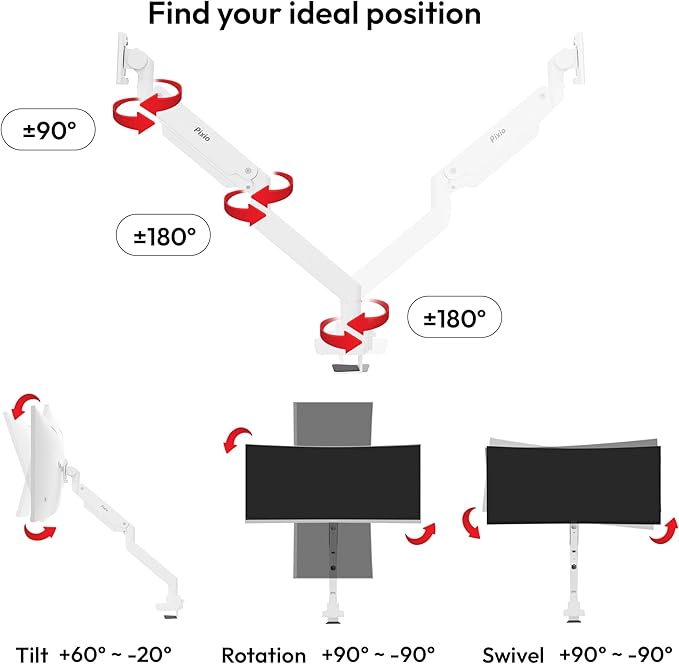 Pixio PS2S Titan White Ultrawide Mega Heavy-Duty Premium Single Monitor Arm Stand fits up to 57 inch Monitors Holds up to 59.4lbs VESA Compatible Integrated Cable Management-DeskLoop Office