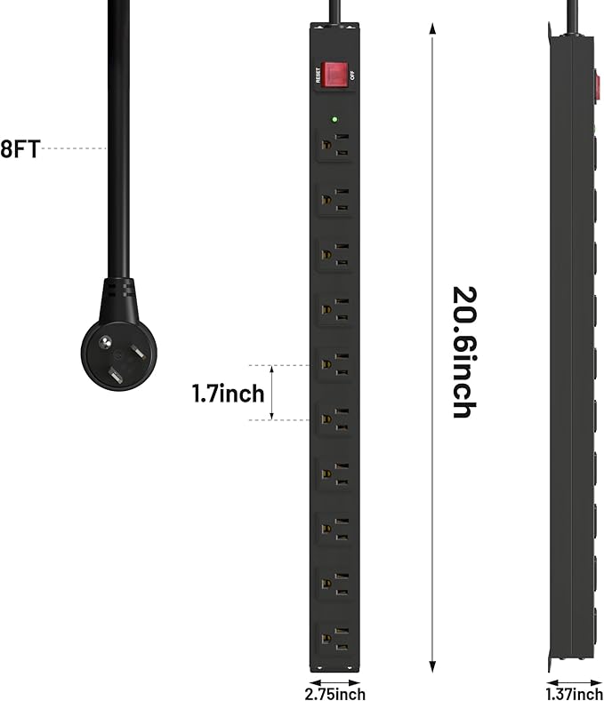 KF 10 Long Power Strip, Heavy Duty Surge Protector with 2100J, 15A/1875W Wall Mount Power Strip with Upgraded Switch, 14AWG 8FT Cord-DeskLoop Office