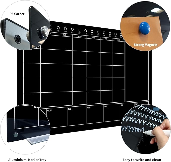 Magnetic Glass Whiteboard 36X24 Monthly Planner Calendar Dry Erase Board for Home, School, Office, Frameless, with Markers, Marker Tray, Eraser, Magnets (Black)-DeskLoop Office