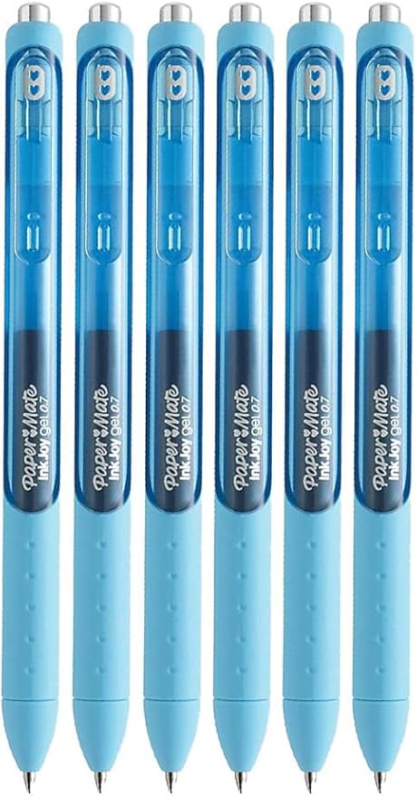 Paper Mate InkJoy Gel Pens, Bright Blue, Medium Point (0.7mm), 6 Count, Bundle with Plastic Reusable Pouch-DeskLoop Office