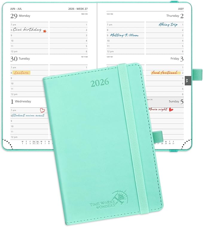 POPRUN Pocket Calendar 2026 (Small Size- 4'' x 6.25") Weekly and Monthly for Purse - Planner 2026 (Jan. 2026 - Dec. 2026) with Vegan Leather Soft Cover, Plastic Ruler, Pen Holder and More - Green-DeskLoop Office