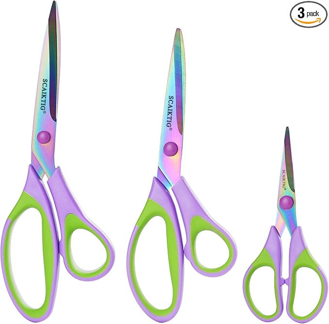 Scissors All Purpose, Sharp Titanium Blades Shears, Rubber Soft Grip Handle, Multipurpose scissors 3 pack, Great for Office, Fabric, Craft, Sewing, Arts, School and Home Supplies, Green-DeskLoop Office
