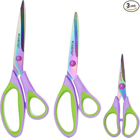 Scissors All Purpose, Sharp Titanium Blades Shears, Rubber Soft Grip Handle, Multipurpose scissors 3 pack, Great for Office, Fabric, Craft, Sewing, Arts, School and Home Supplies, Green-DeskLoop Office