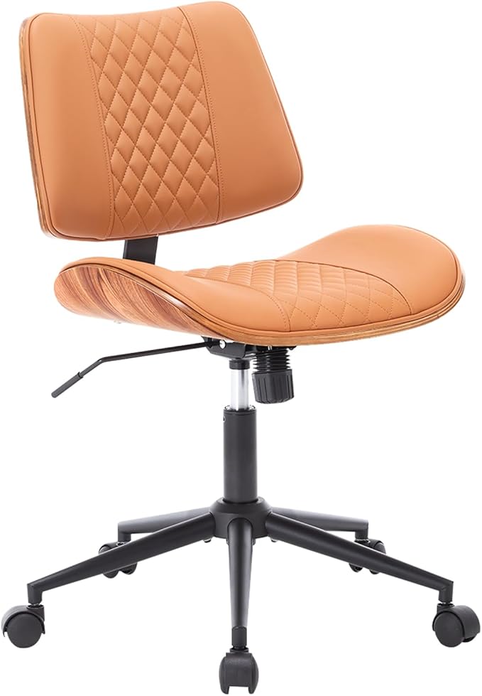Home Office Chair No Arms with Wheels, Adjustable Height PU Leather Mid Back, 360 Swivel Computer Small Desk Chair, Armless Modern Walnut Style for Office, Reading Meeting Room(Brown)-DeskLoop Office