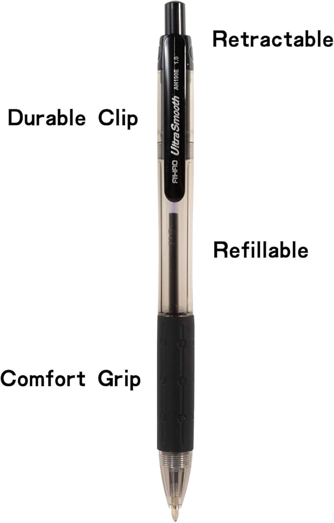 AIHAO Retractable Black Ballpoint Pen for Smooth Writing, Medium Point (1.0mm), Pack of 24, No Bleed Click Pens with Comfort Grip, Idea for Journaling, Planner, Note Taking-DeskLoop Office