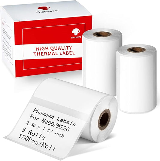 Phomemo M220 Labels,3 Rolls Self-Adhesive Stickers, 2.36'' x 1.57'' Compatible with Phomemo M220/M250/M260/M221/M200 Label Maker, for Office,Warehouse,Address,Mailing,Price Tag,180Pcs /Roll-DeskLoop Office