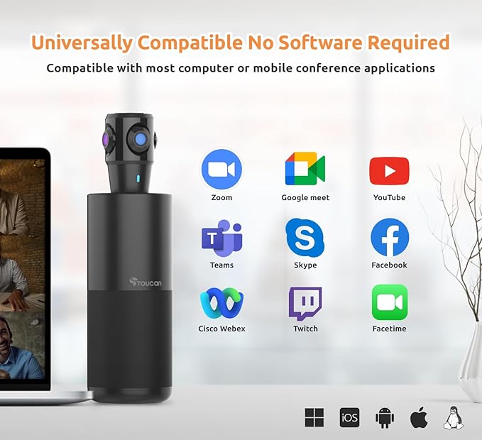 TOUCAN 360-Degree Video Conference Camera, 1080p HD Webcam with 4 Noise Reduction Mics, Speaker, AI Tracking, Works with Zoom, Google Voice, Microsoft Teams and More, for PC/Mac/Tablet-DeskLoop Office