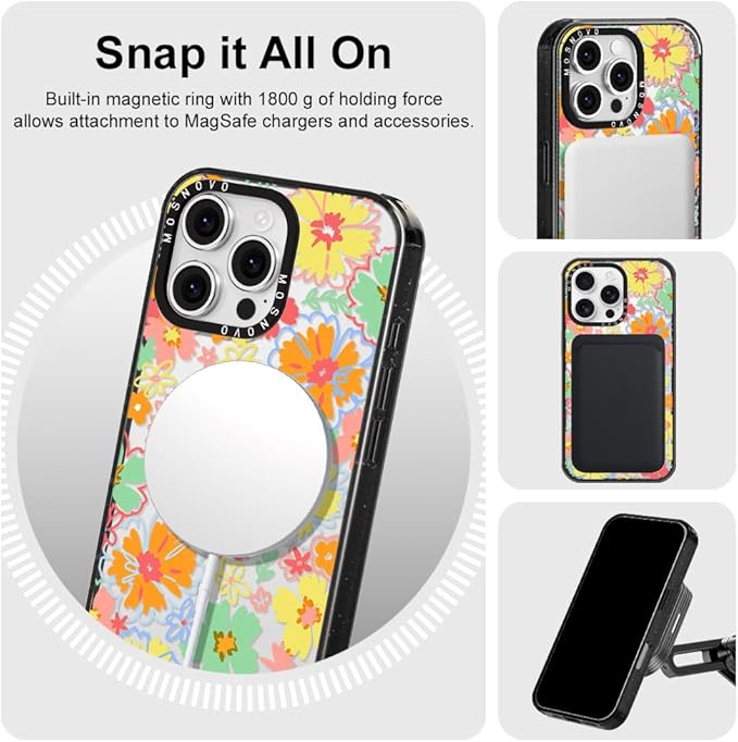 MOSNOVO Magnetic Case for iPhone 16 Pro Max, 10ft Military-Grade Protection, Compatible with Magsafe, Shockproof Phone Case for iPhone 16 Pro Max - Retro Boho Hippie Flowers - Clear Black-DeskLoop Office